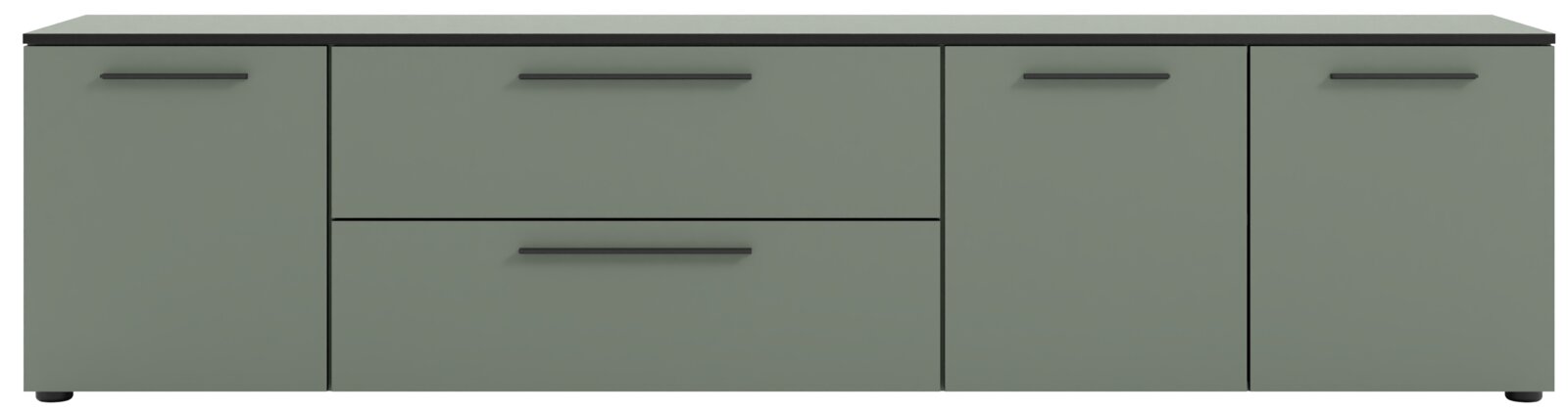 Frontansicht eines XL-TV-Lowboards in Grau mit zwei Türen und zwei Schubladen, schwarzen Griffen und flacher Oberfläche.