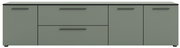 Frontansicht eines XL-TV-Lowboards in Grau mit zwei Türen und zwei Schubladen, schwarzen Griffen und flacher Oberfläche.