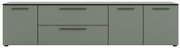 Frontansicht eines XL-TV-Lowboards in Grau mit zwei Türen und zwei Schubladen, schwarzen Griffen und flacher Oberfläche.
