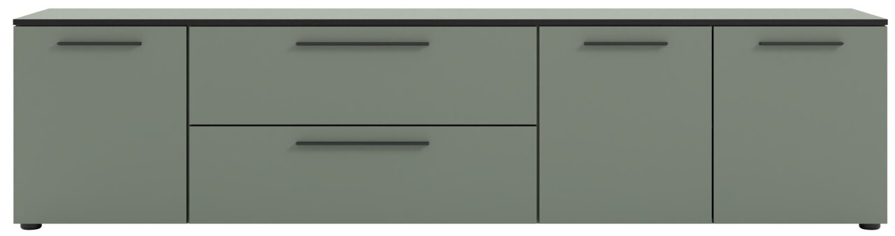 Frontansicht eines XL-TV-Lowboards in Grau mit zwei Türen und zwei Schubladen, schwarzen Griffen und flacher Oberfläche.