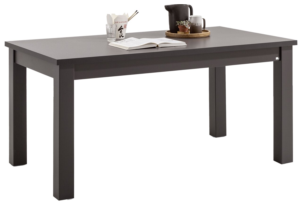 Set one by Musterring Esstisch TACOMA Moderner Esstisch in dunklem Holz mit Dekorationen aus der seitlichen Perspektive