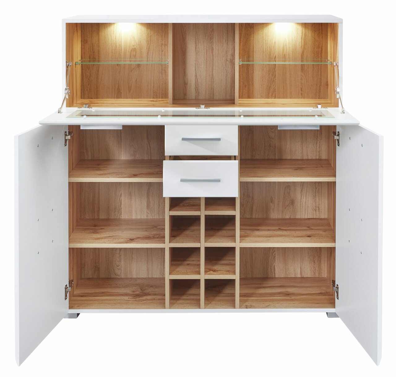 Geöffneter Barschrank mit weißem Äußeren und Holzoptik im Inneren, zwei Schubladen, mehreren Regalfächern und integrierter Beleuchtung, Frontalansicht.