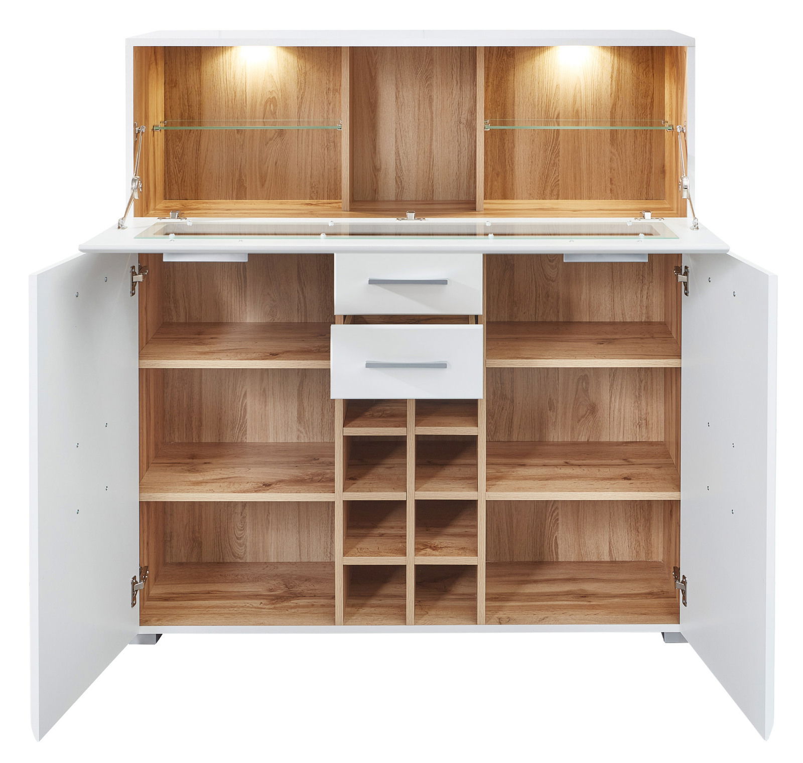 Geöffneter Barschrank mit weißem Äußeren und Holzoptik im Inneren, zwei Schubladen, mehreren Regalfächern und integrierter Beleuchtung, Frontalansicht.