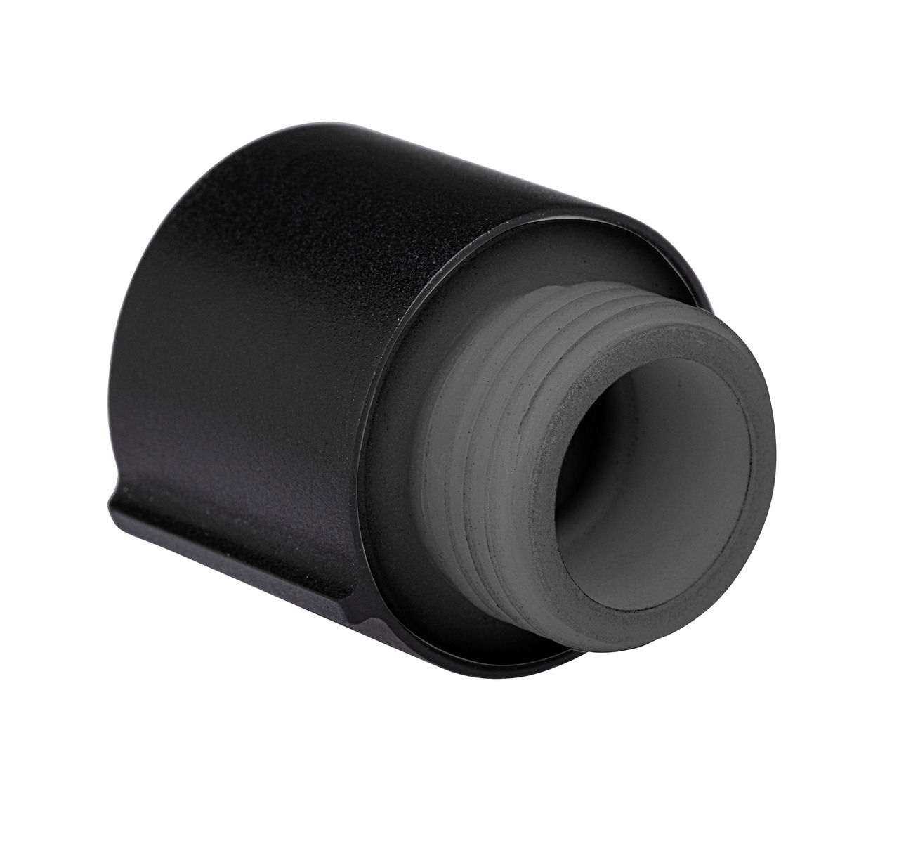 Schwarzer Wasserregler mit Gewinde, seitliche Perspektive