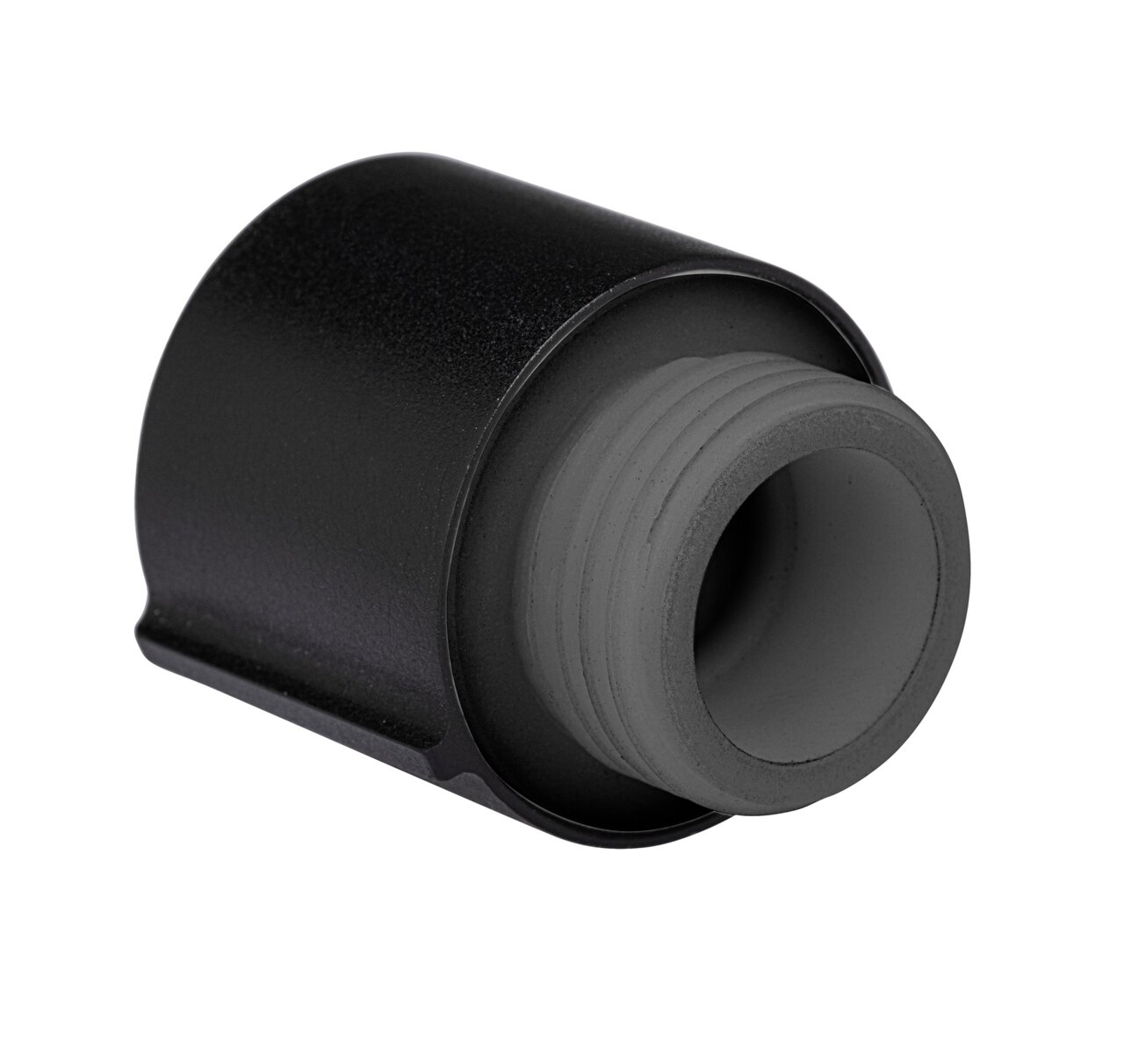 Schwarzer Wasserregler mit Gewinde, seitliche Perspektive