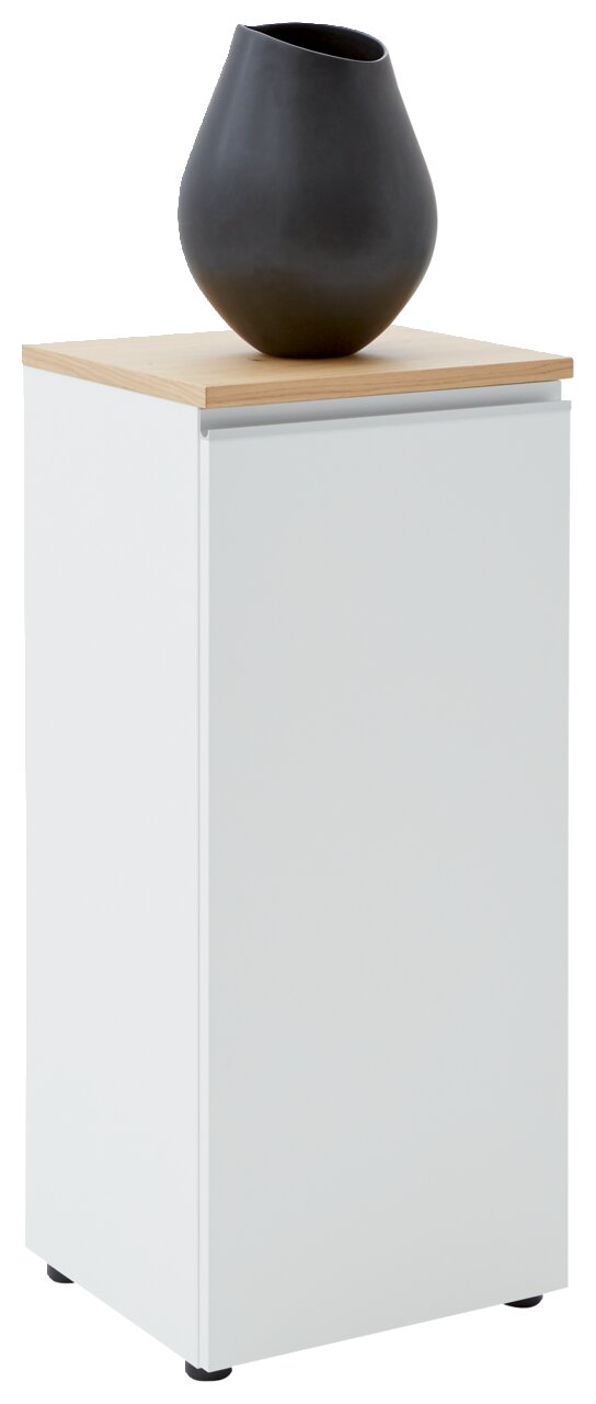 Weiße Kommode mit Holzplatte und schwarzer Vase, seitliche Perspektive
