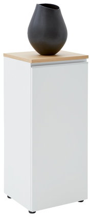 Weiße Kommode mit Holzplatte und schwarzer Vase, seitliche Perspektive