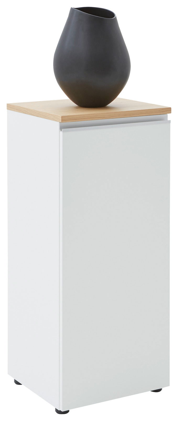Weiße Kommode mit Holzplatte und schwarzer Vase, seitliche Perspektive