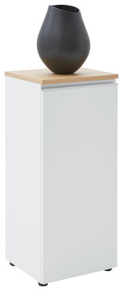 Weiße Kommode mit Holzplatte und schwarzer Vase, seitliche Perspektive