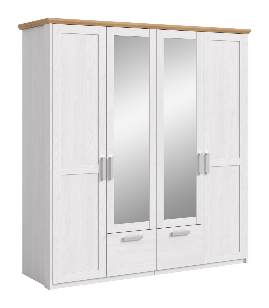 MID.YOU Kleiderschrank 4-türig VERONA Weißer 4-türiger Kleiderschrank mit zwei Spiegeltüren, zwei Schubladen und Holzoptik-Abdeckplatte, in leichter Frontansicht von links freigestellt.
