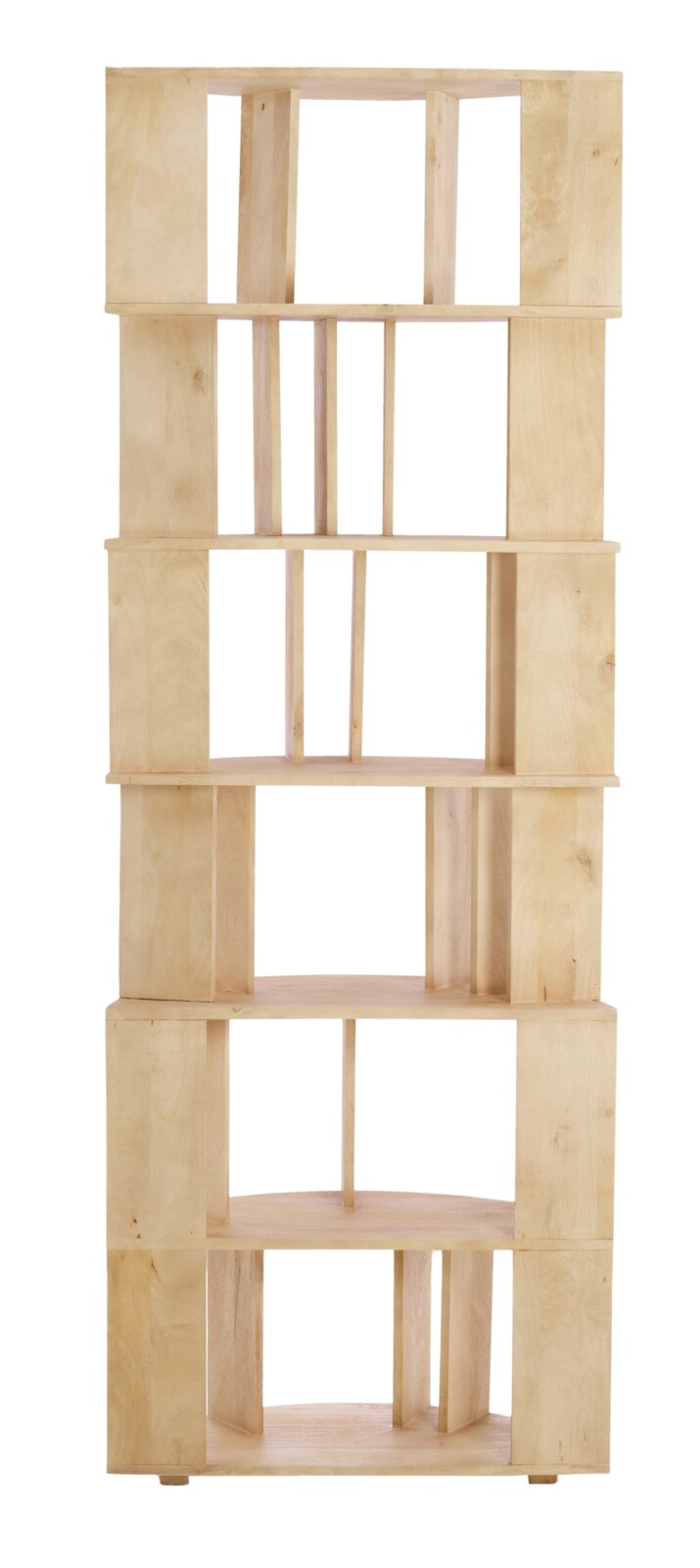 Moderner Wandschrank aus hellem Holz mit offenen Fächern, frontale Ansicht