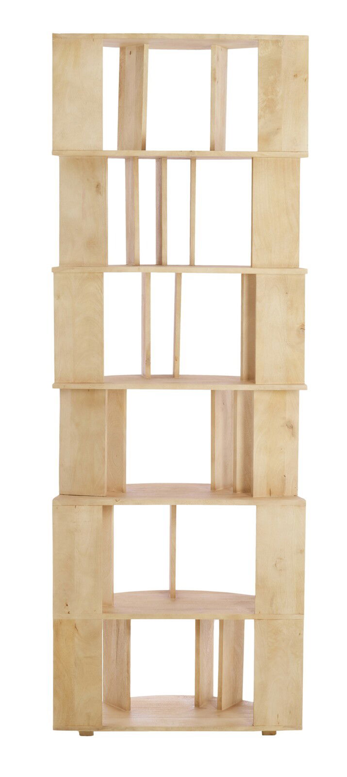 Moderner Wandschrank aus hellem Holz mit offenen Fächern, frontale Ansicht