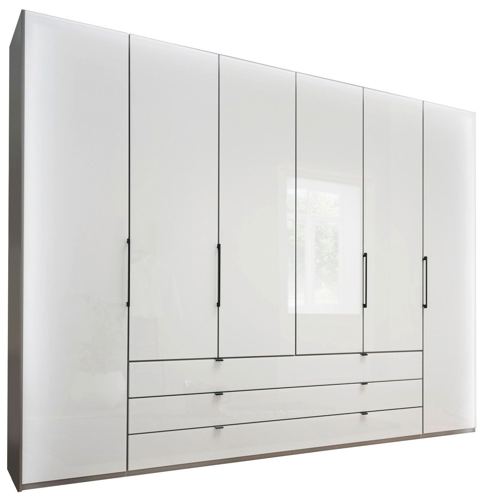 Sechs-türiger Drehtürenschrank in weißer Hochglanzoptik mit schwarzen Griffen, frontal betrachtet.