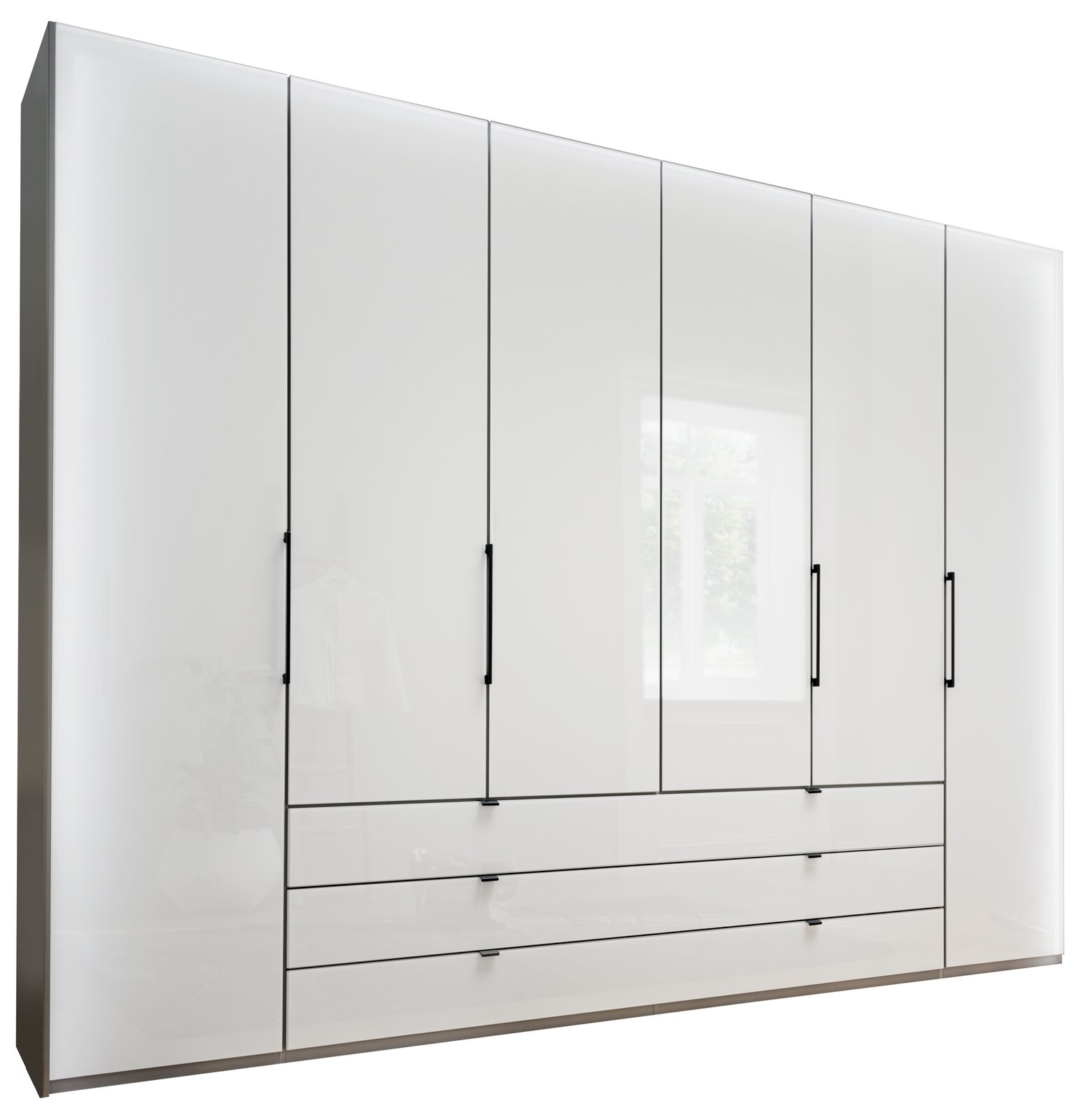 Sechs-türiger Drehtürenschrank in weißer Hochglanzoptik mit schwarzen Griffen, frontal betrachtet.