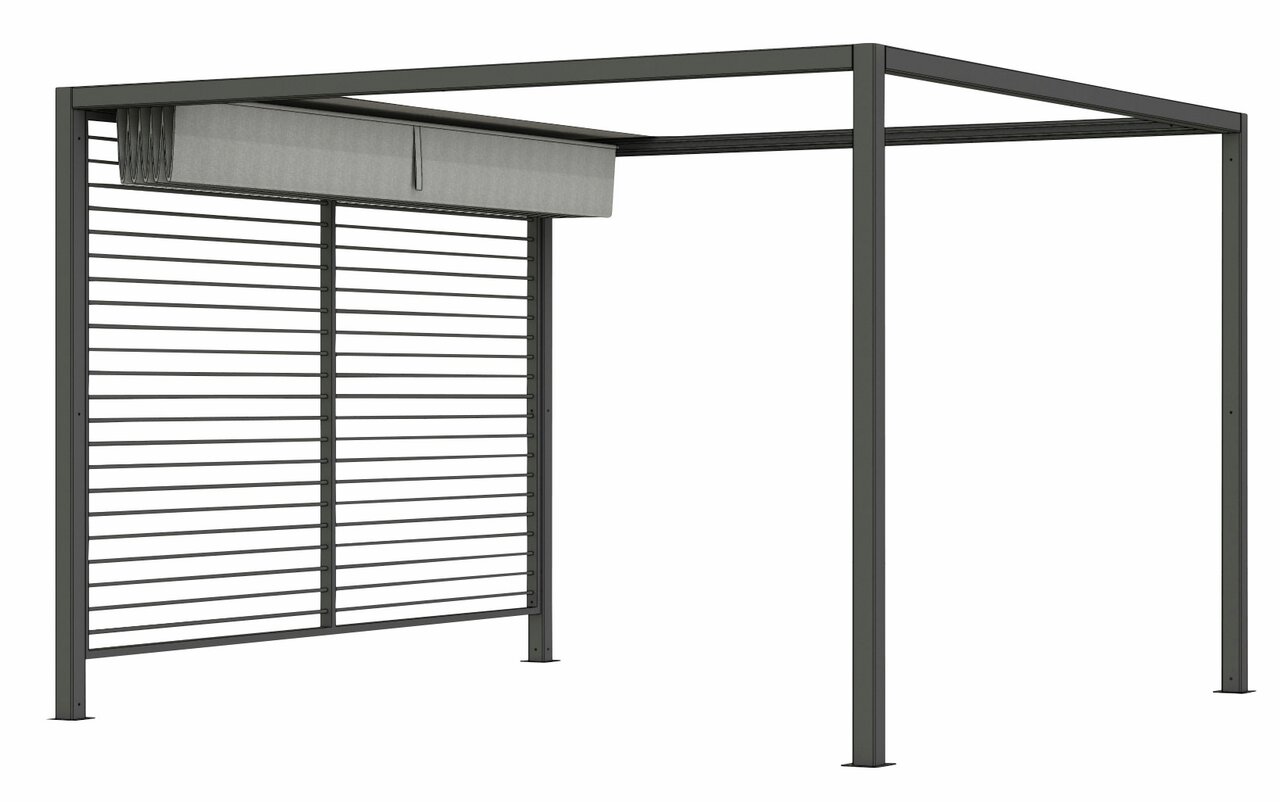 Moderne aluminium zonwering met lamellen, in perspectief vanaf de zijkant gezien.