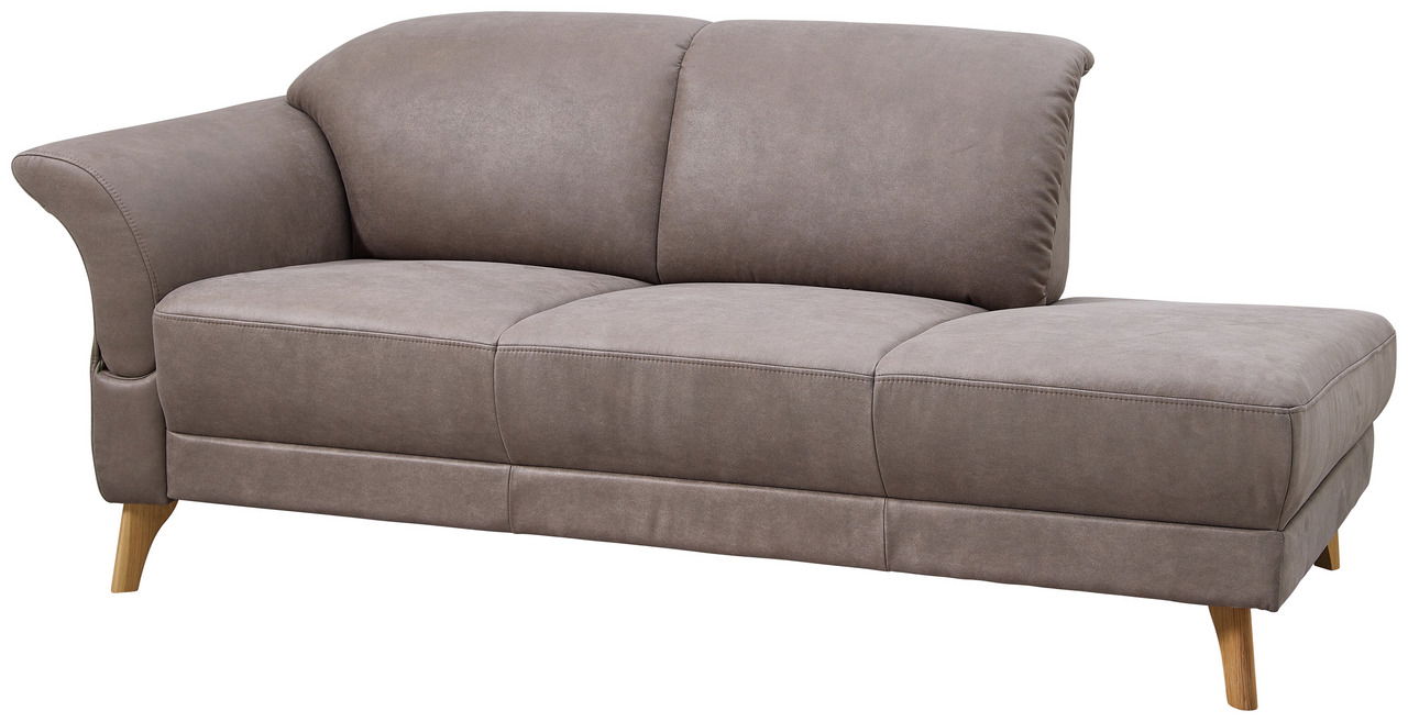 Graue Recamiere mit linkem Armteil, dreisitzig, aus Stoff mit Holzfüßen, seitliche Perspektive