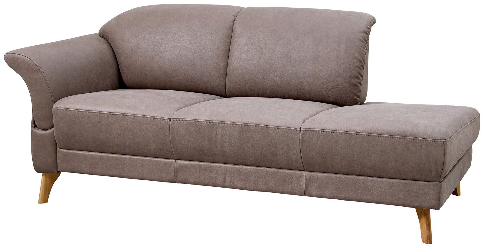 Landscape Recamiere Armteil links CORDOBA Graue Recamiere mit linkem Armteil, dreisitzig, aus Stoff mit Holzfüßen, seitliche Perspektive