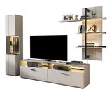 Moderne Wandkombination mit TV-Schrank, Regal und Vitrine, seitliche Perspektive