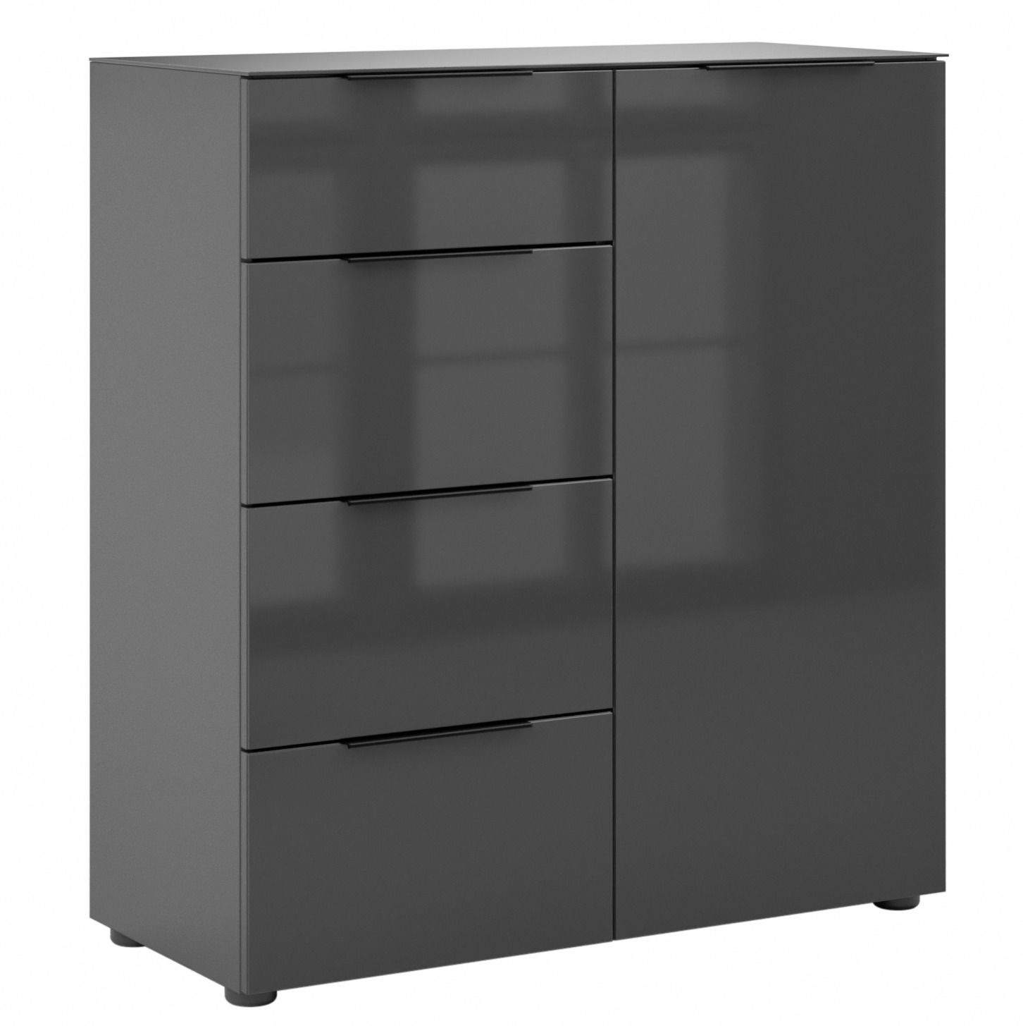 Graue Kommode mit vier Schubladen und einer Tür, frontal betrachtet