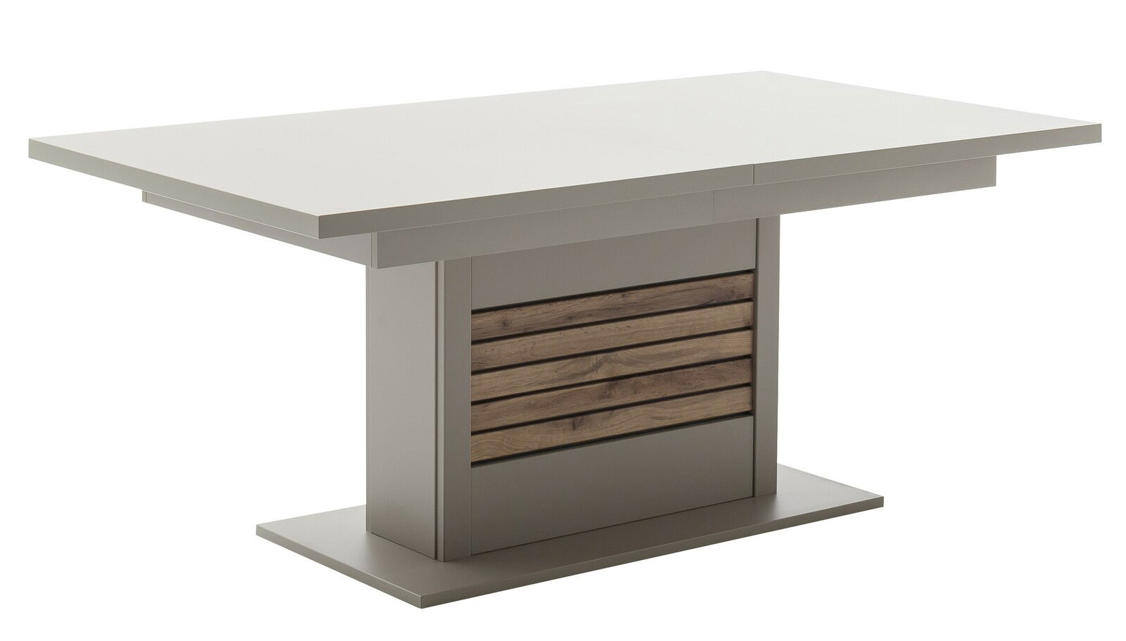 Moderner Esstisch mit rechteckiger, weißer Tischplatte und zentralem Standfuß mit Holzdetails, seitliche Perspektive