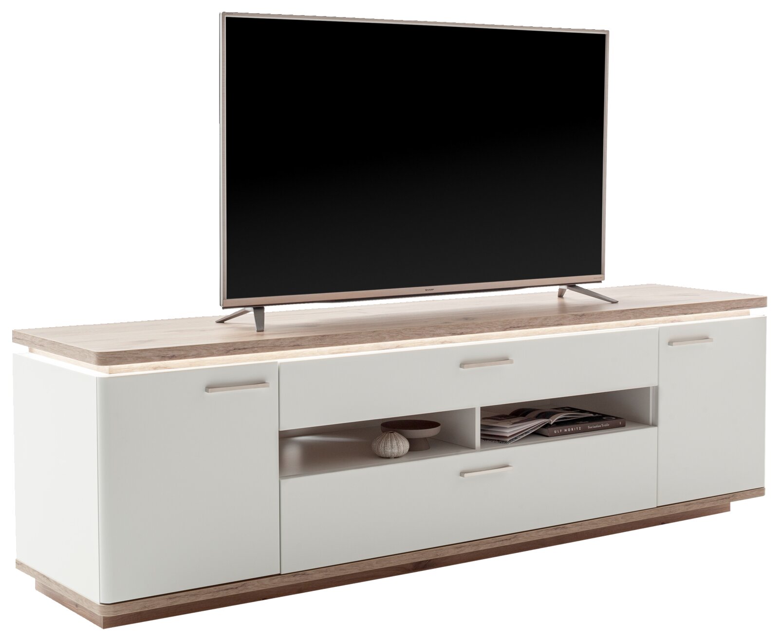 Modern tv-lowboard in wit met een blad in houtlook, een lade en open vakken, met een tv erop, gezien vanuit een licht schuin vooraanzicht