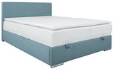 Seitliche Ansicht eines blauen Boxspringbetts mit weißer Matratze und Topper.