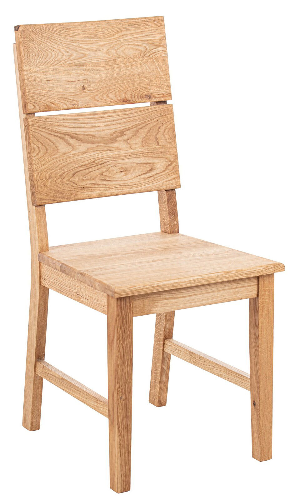 Holzstuhl aus hellem Holz mit geradlinigem Design, seitliche Perspektive