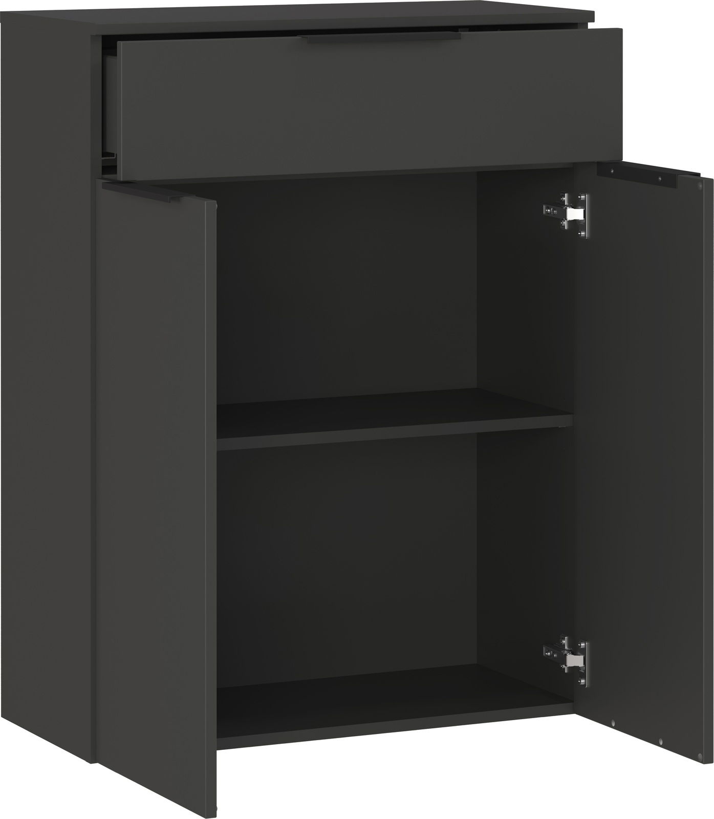 Schwarze Kommode mit einer offenen Schublade oben und zwei offenen Türen unten, die einen Einlegeboden zeigen. Perspektive von vorne.