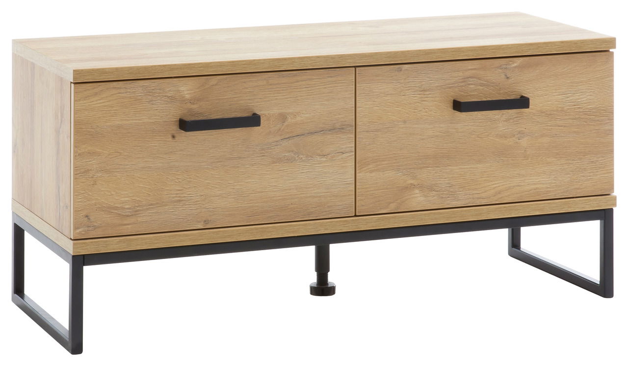 Holzbank mit zwei Schubladen und schwarzen Griffen, seitliche Perspektive