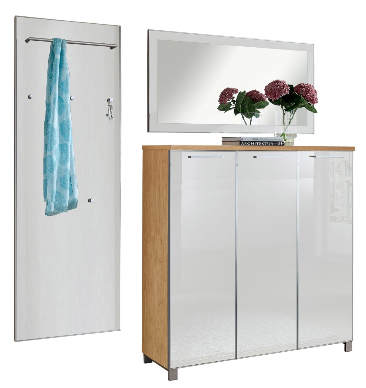 Garderoben-Set 3-tlg. mit Spiegel, Schrank und Wandpaneel, seitliche Perspektive