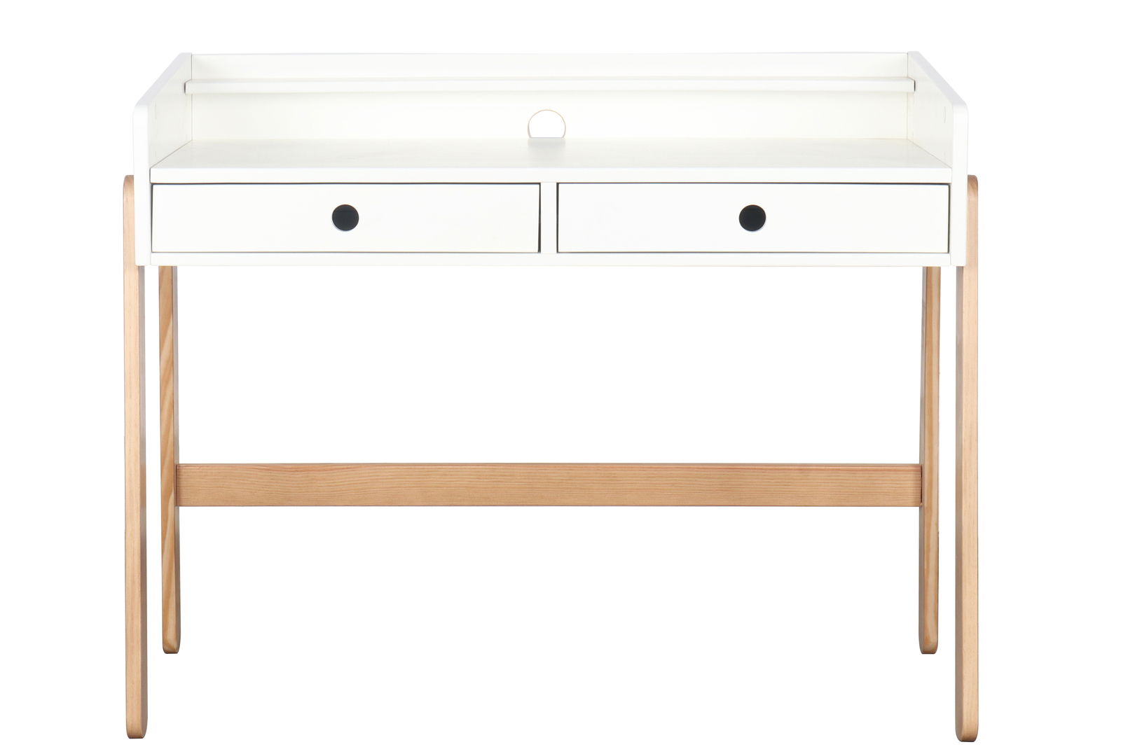 Moderner weißer Schreibtisch mit zwei Schubladen und Holzbeinen, Frontalansicht