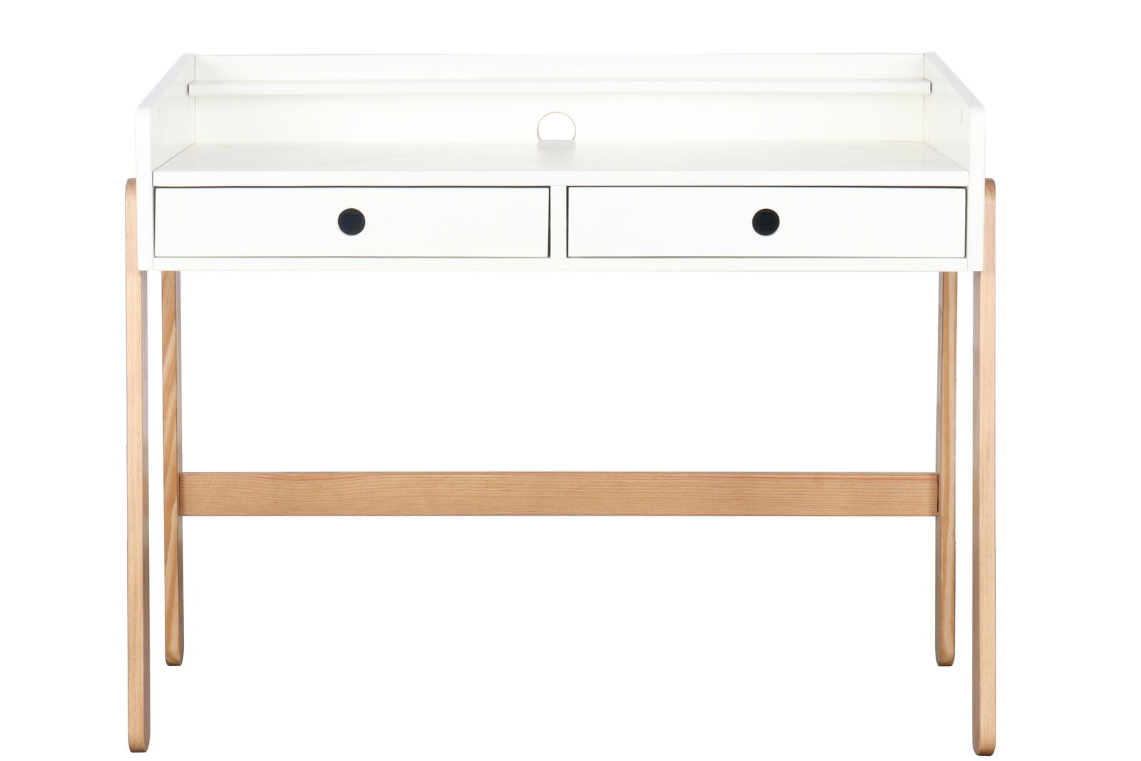 Moderner weißer Schreibtisch mit zwei Schubladen und Holzbeinen, Frontalansicht