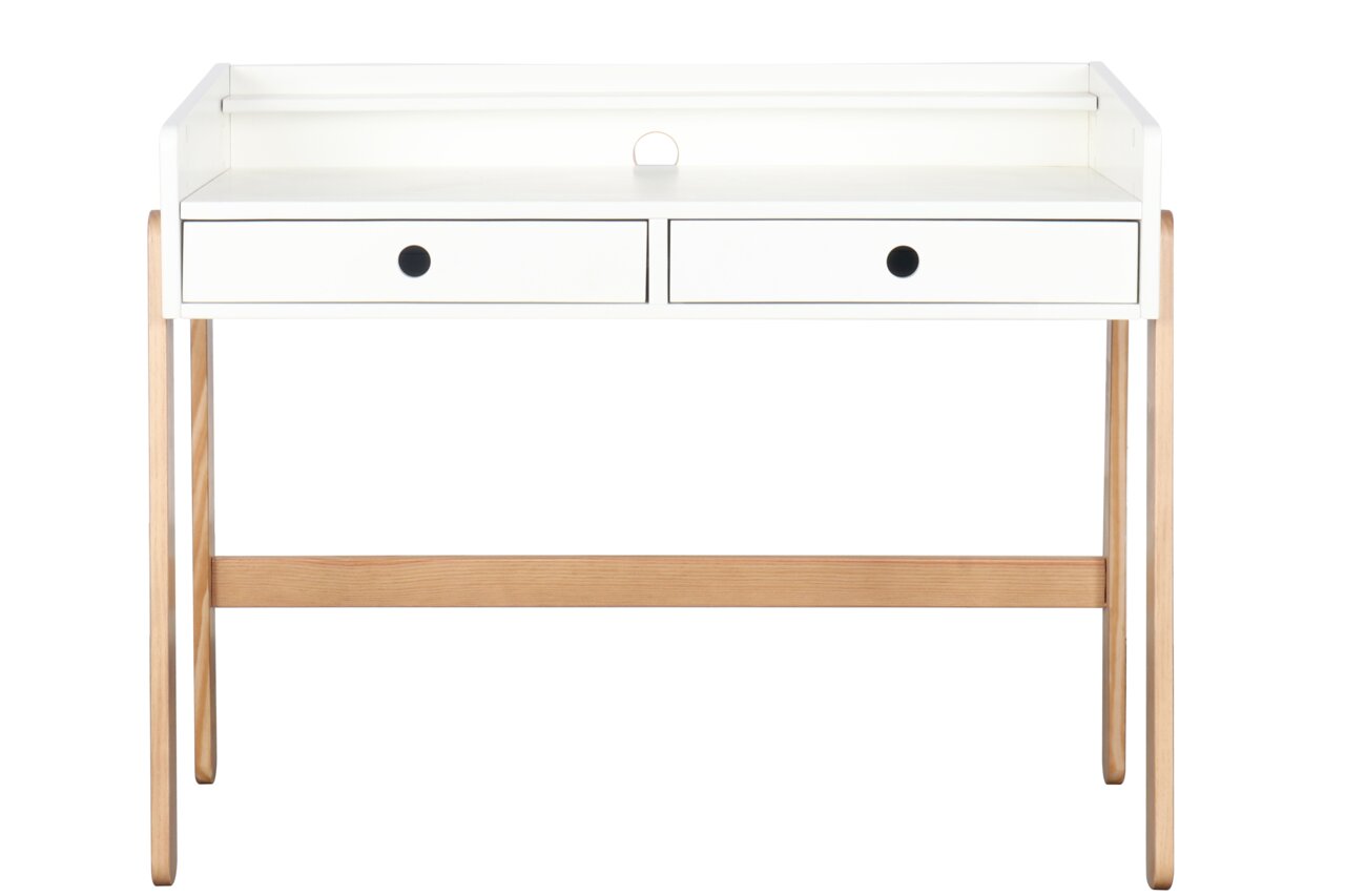 Moderner weißer Schreibtisch mit zwei Schubladen und Holzbeinen, Frontalansicht