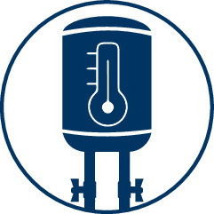 Symbol eines Wassererhitzers mit Thermometer, frontale Ansicht