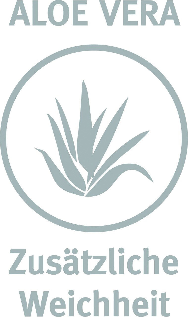 Logo mit Aloe Vera Symbol und der Aufschrift 'Zusätzliche Weichheit', frontal betrachtet.