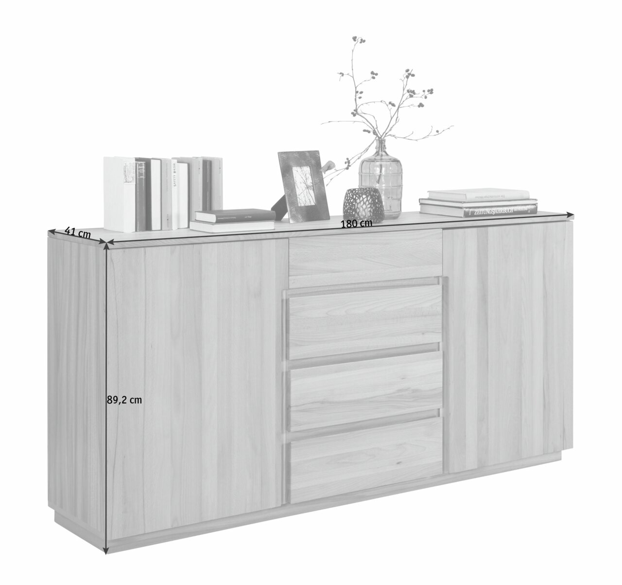 Sideboard aus Holz mit zwei Türen und drei Schubladen, dekoriert mit Büchern, einem Bilderrahmen und einer Vase, seitliche Perspektive