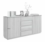 Sideboard aus Holz mit zwei Türen und drei Schubladen, dekoriert mit Büchern, einem Bilderrahmen und einer Vase, seitliche Perspektive