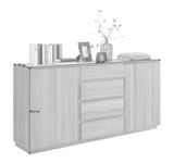 Sideboard aus Holz mit zwei Türen und drei Schubladen, dekoriert mit Büchern, einem Bilderrahmen und einer Vase, seitliche Perspektive
