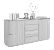 Sideboard aus Holz mit zwei Türen und drei Schubladen, dekoriert mit Büchern, einem Bilderrahmen und einer Vase, seitliche Perspektive