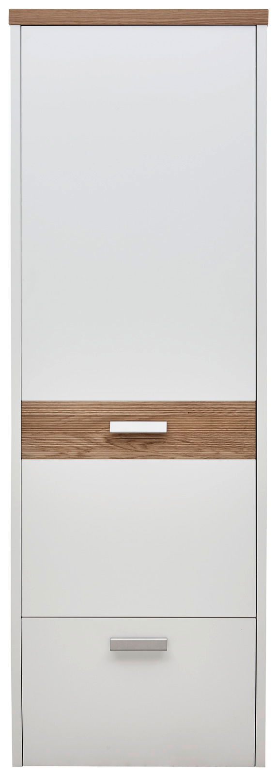 Frontale Ansicht eines modernen Hängegarderobenschranks mit weißer Oberfläche und Holzdetails.