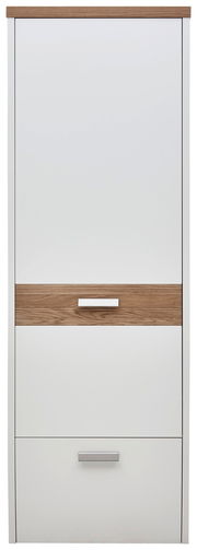 Frontale Ansicht eines modernen Hängegarderobenschranks mit weißer Oberfläche und Holzdetails.