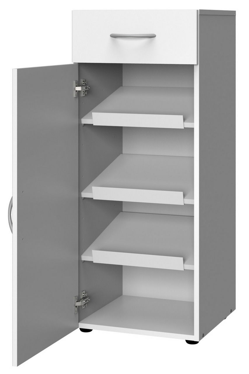 XORA Schuhschrank MULTIRAUMKONZEPT Weißer Schuhschrank mit offener Tür, drei Einlegeböden und einer Schublade, seitliche Perspektive