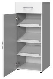 Weißer Schuhschrank mit offener Tür, drei Einlegeböden und einer Schublade, seitliche Perspektive