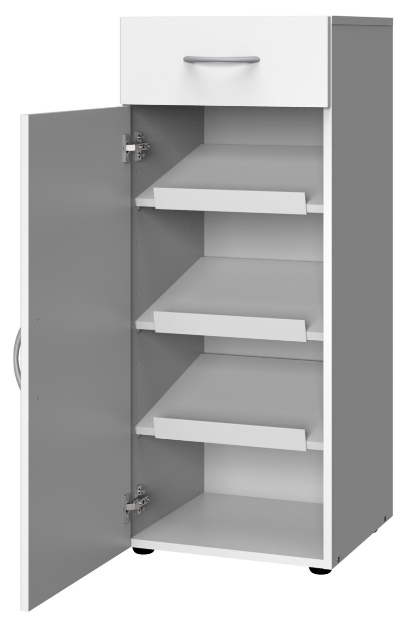 XORA Schuhschrank MULTIRAUMKONZEPT Weißer Schuhschrank mit offener Tür, drei Einlegeböden und einer Schublade, seitliche Perspektive