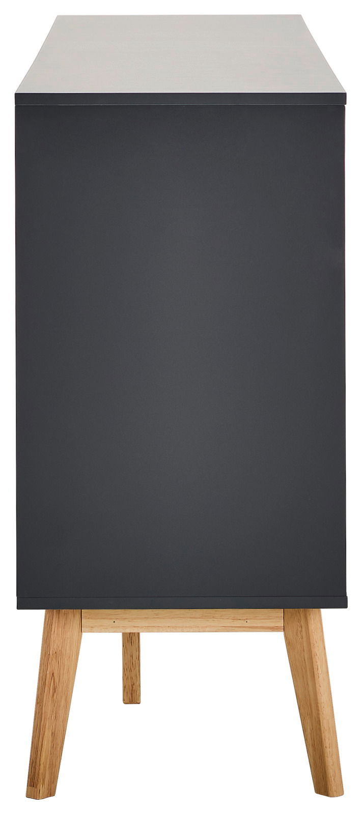 Seitenansicht eines modernen Sideboards mit dunkler Oberfläche und hellen Holzbeinen.
