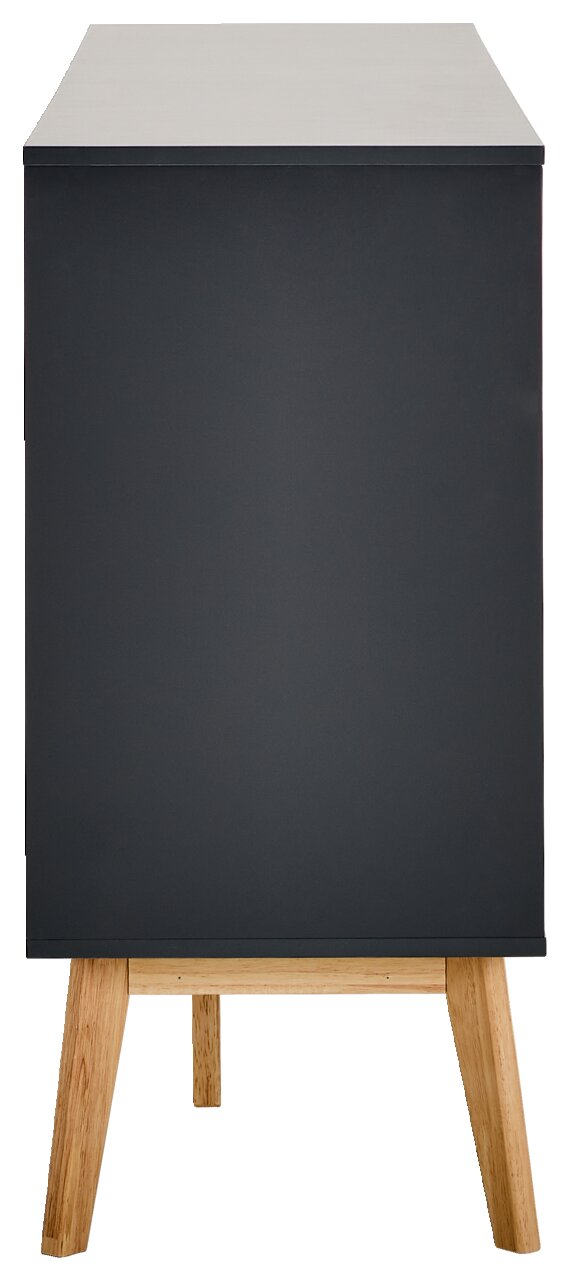 Seitenansicht eines modernen Sideboards mit dunkler Oberfläche und hellen Holzbeinen.