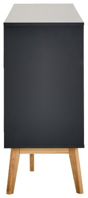 Seitenansicht eines modernen Sideboards mit dunkler Oberfläche und hellen Holzbeinen.