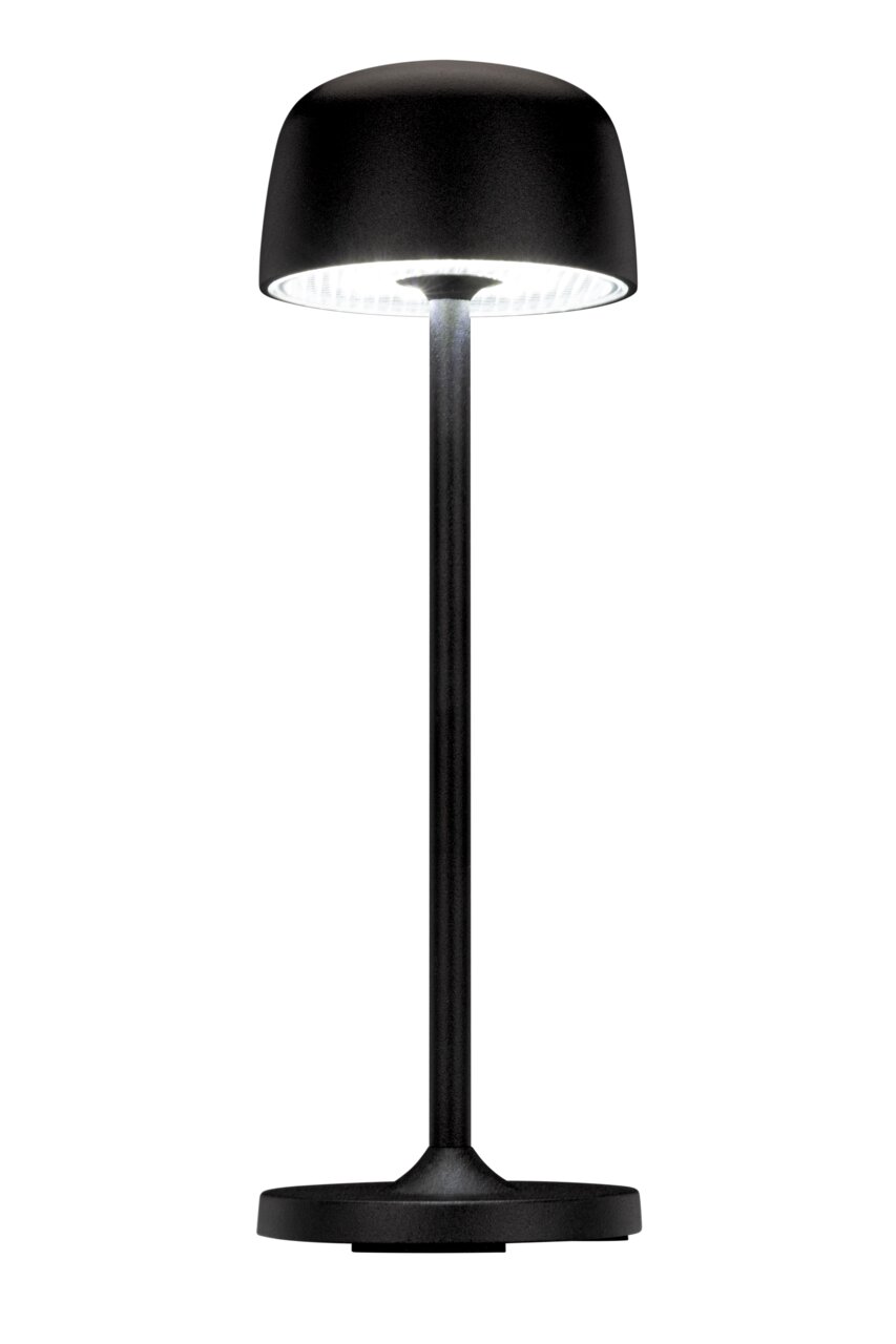 Schwarze Akku-Tischleuchte mit rundem Schirm, frontal betrachtet