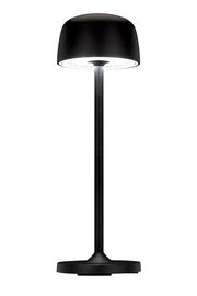 Schwarze Akku-Tischleuchte mit rundem Schirm, frontal betrachtet