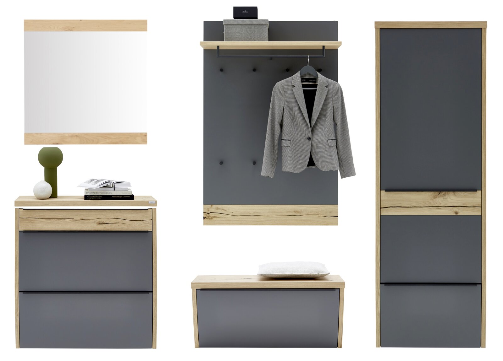 Moderne Garderobenmöbel in Anthrazit und hellem Holzdekor: Wandpaneel mit Hutablage und Haken, Schuhschrank/Kommode, Sitzbank und hoher Schrank – frontale Ansicht.